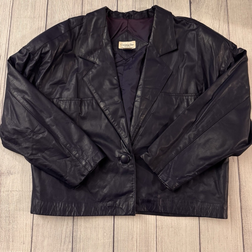 Vintage Christian Dior Deep Purple Leather Cropped Jacket Oversized 22.5" P2P